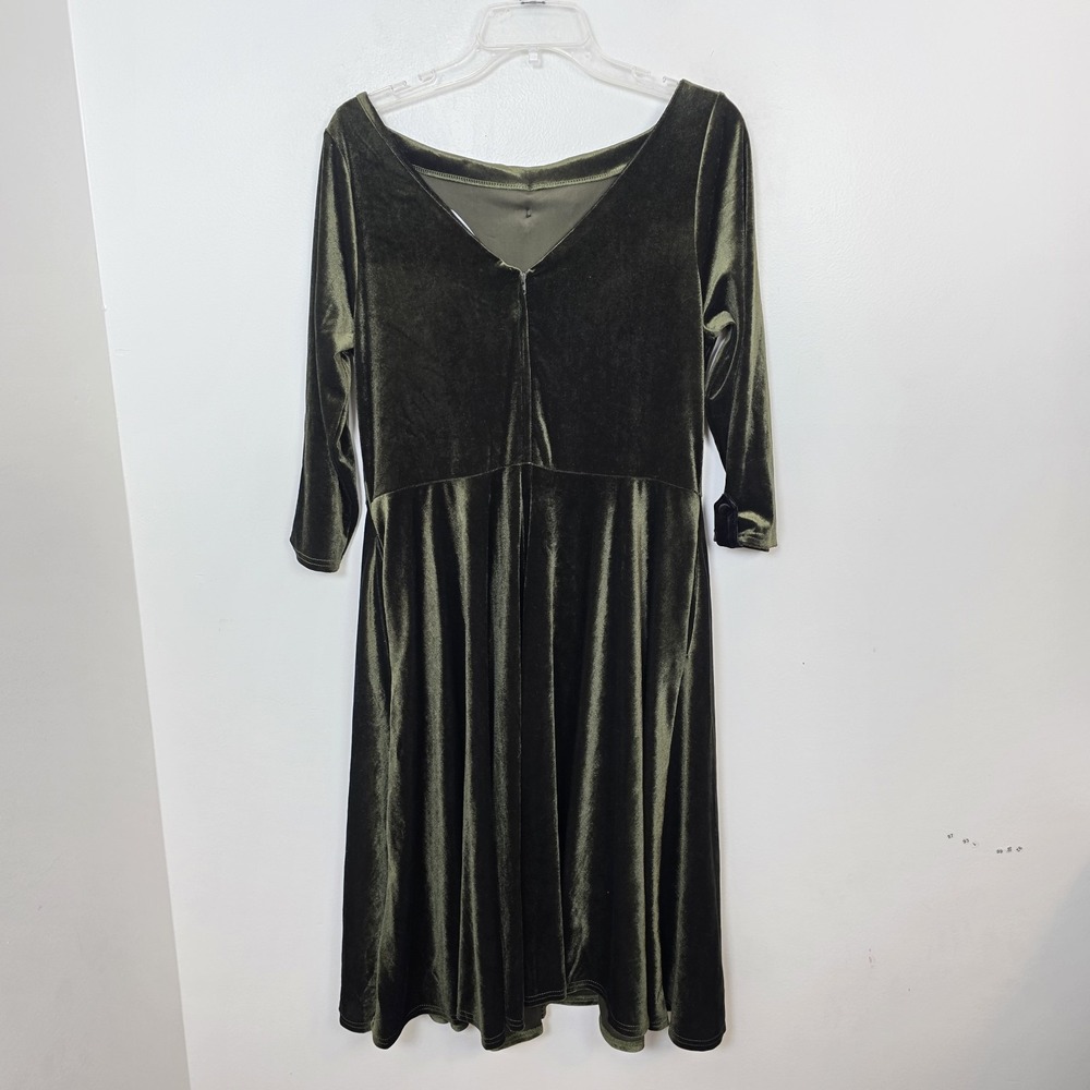 Unique Vintage Green Velvet Bow Devin 3/4 Sleeve Pin Up Swing Midi Dress XL - Picture 11 of 13